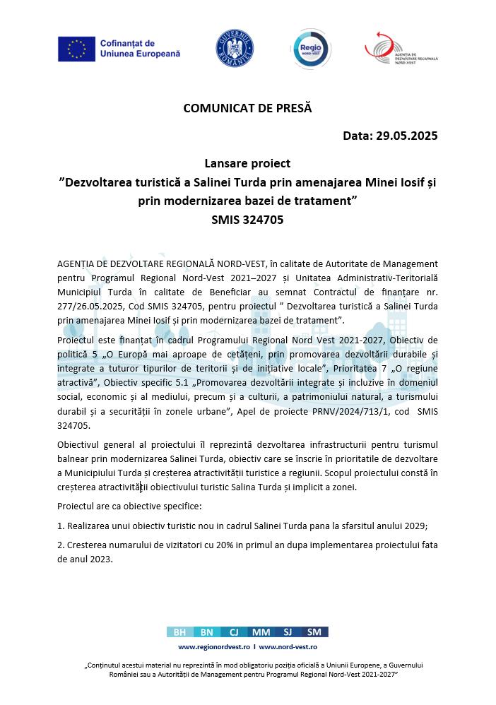 Comunicat de presă: Lansare proiect ”Dezvoltarea turistică a Salinei Turda prin amenajarea Minei Iosif și prin modernizarea bazei de tratament”