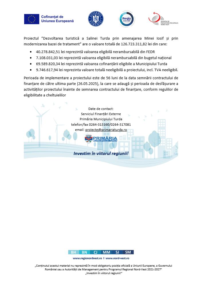 Comunicat de presă: Lansare proiect ”Dezvoltarea turistică a Salinei Turda prin amenajarea Minei Iosif și prin modernizarea bazei de tratament”