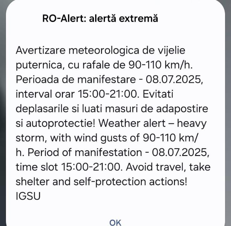 Vijelii puternice în Cluj: Mesaj RO-ALERT emis pentru întreg județul