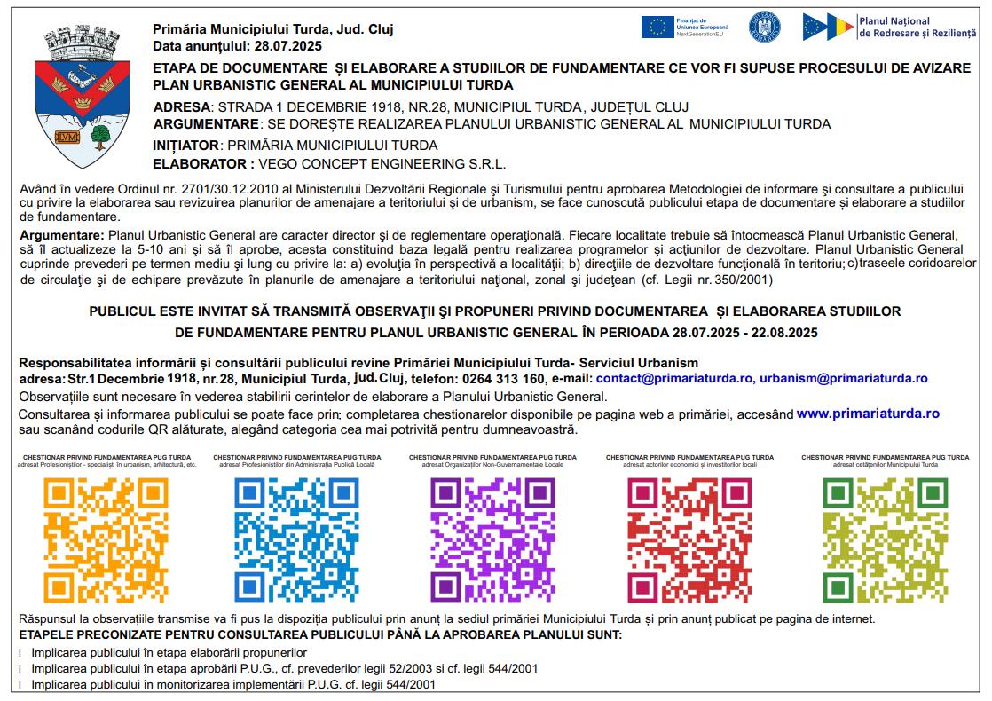 ANUNȚ PUBLIC privind demararea etapei de documentare și elaborare a studiilor de fundamentare plan urbanistic general al municipiului Turda