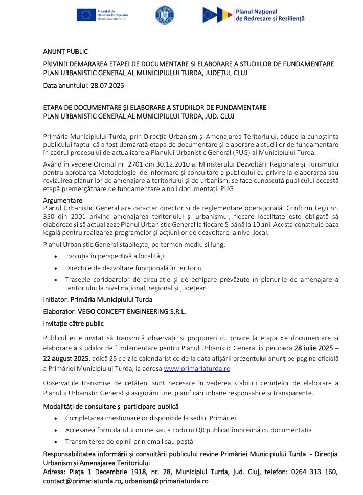 ANUNȚ PUBLIC privind demararea etapei de documentare și elaborare a studiilor de fundamentare plan urbanistic general al municipiului Turda