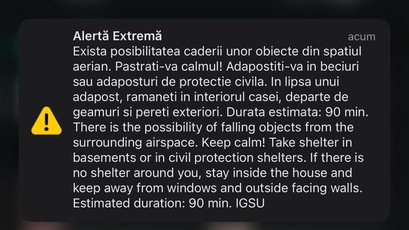 RO-Alert în nordul județului Tulcea: Posibil risc de căderi de obiecte din spațiul aerian