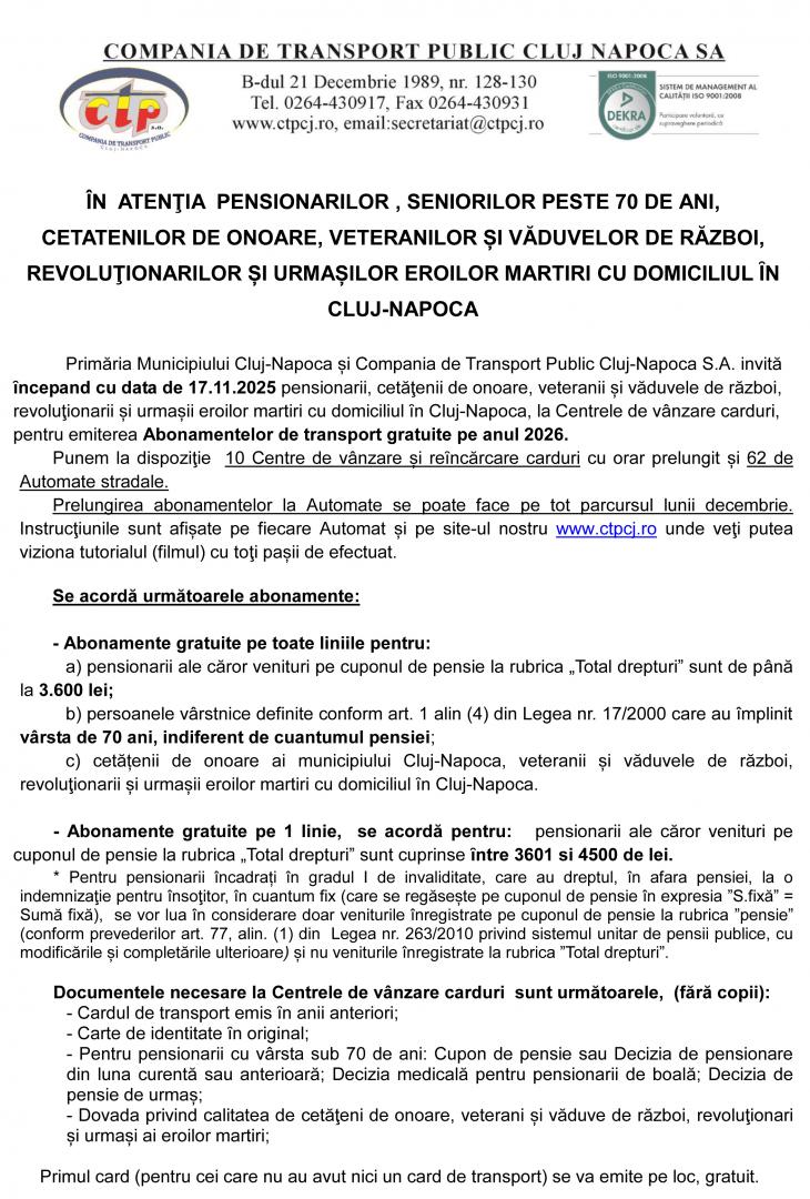 Compania de Transport Public din Cluj-Napoca a început eliberarea abonamentelor pentru pensionari, veterani, revoluționari