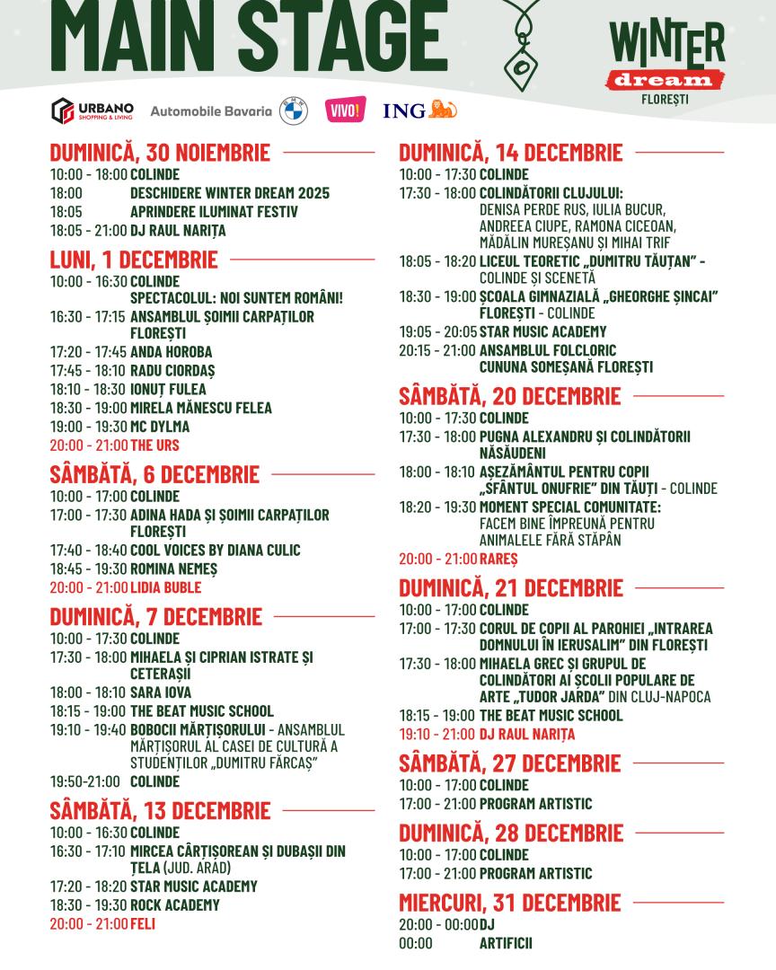 Program complet la Winter Dream Florești 2025. Lidia Buble, Feli, Rareș și zeci de artiști vor urca pe scena principală