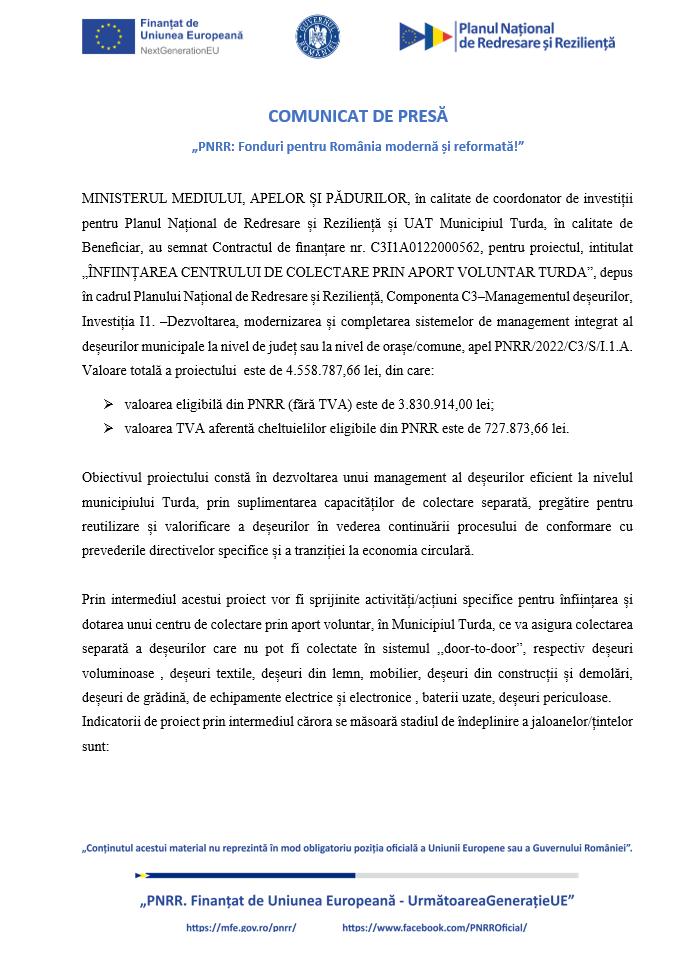 Municipiul Turda anunță semnarea contractului de ﬁnanțare pentru proiectul „ÎNFIINȚAREA CENTRULUI DE COLECTARE PRIN APORT VOLUNTAR TURDA”