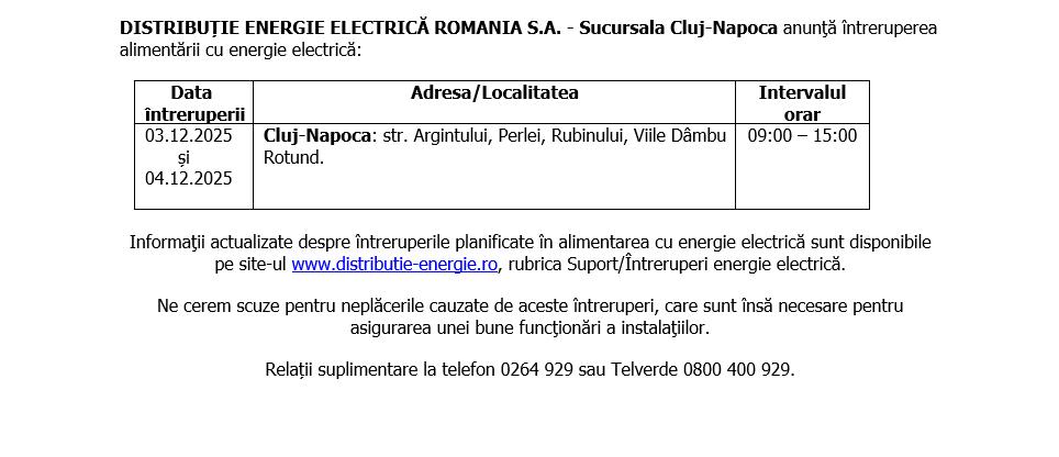 Întreruperi planificate la alimentarea cu energie electrică pe mai multe străzi din Cluj-Napoca