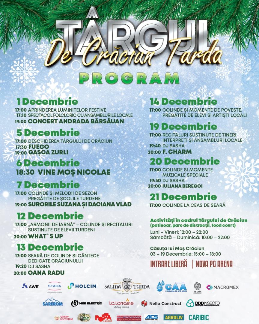 Atmosferă de sărbătoare la Târgul de Crăciun Turda: ateliere în Căsuța Moșului, colinde, concerte, food court și patinoar/ Vezi programul săptămânii