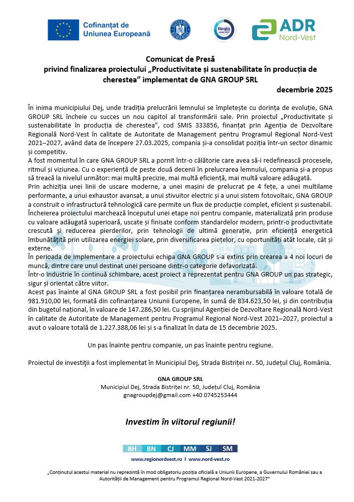 Comunicat de presă: GNA GROUP SRL anunță finalizarea proiectului “Productivitate și sustenabilitate în producția de cherestea”