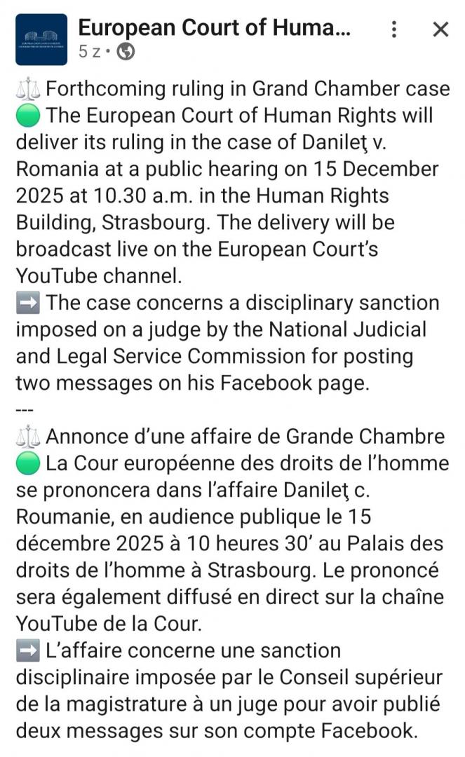 CEDO pronunță astăzi hotăr&acirc;rea &icirc;n cazul Danileț contra Rom&acirc;niei