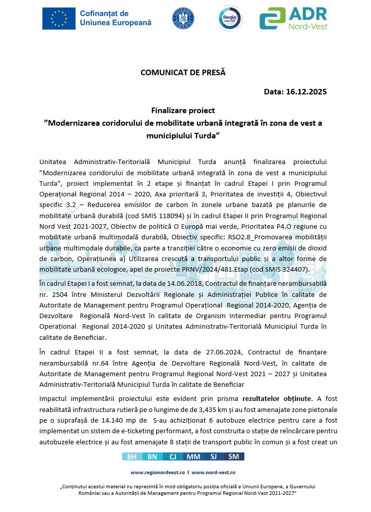 Comunicat de presă: Finalizare proiect &rdquo;Modernizarea coridorului de mobilitate urbană integrată &icirc;n zona de vest a municipiului Turda&rdquo;