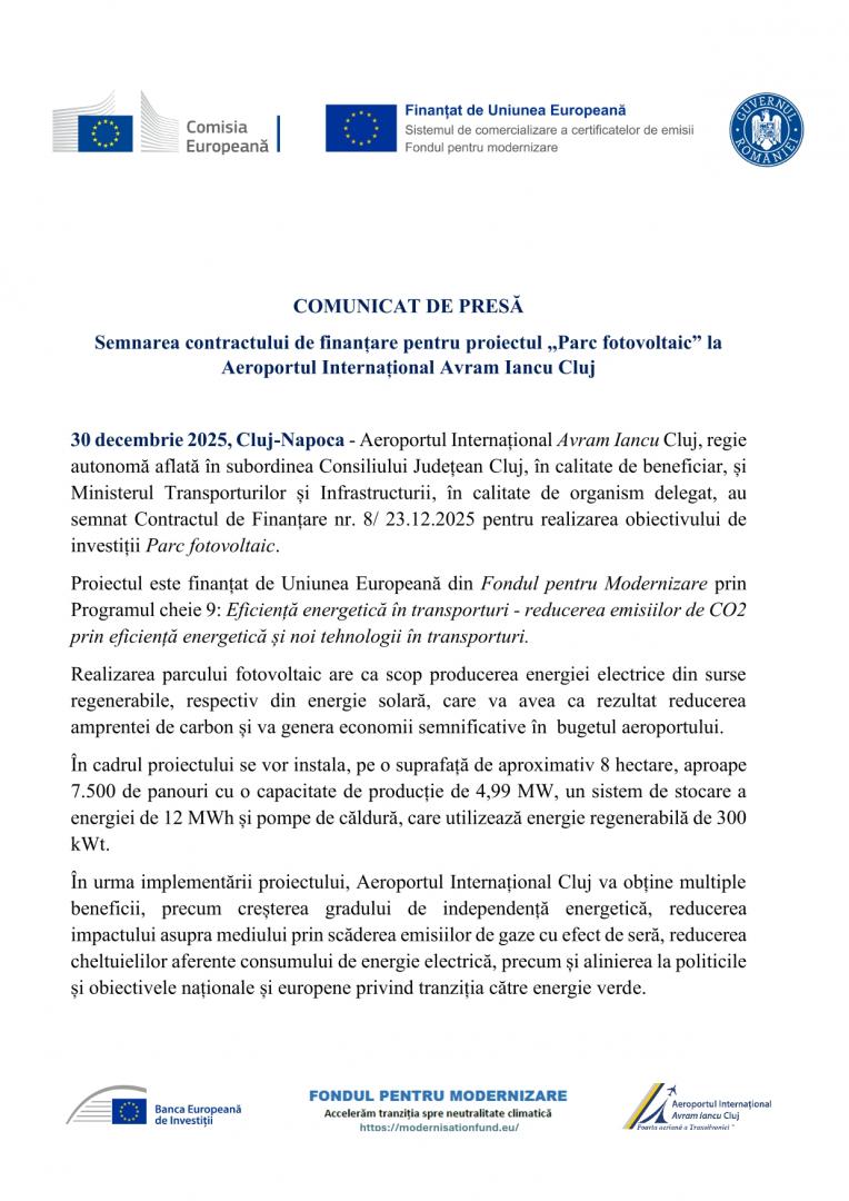 COMUNICAT DE PRESĂ: Semnarea contractului de finanțare pentru proiectul ,,Parc fotovoltaic&rdquo; la Aeroportul Internațional Avram Iancu Cluj