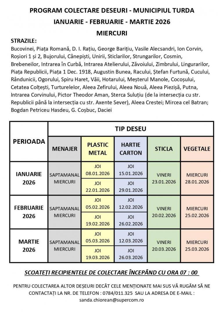 Iată programul de colectare a deșeurilor la Turda pe lunile ianuarie, februarie și martie