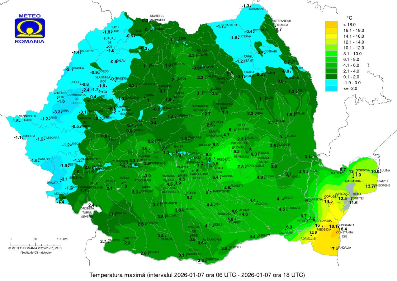 Harta zonelor din Rom&acirc;nia cu cel mai mare strat de zăpadă: la Vlădeasa și Băișoara stratul de zăpada atinge un metru