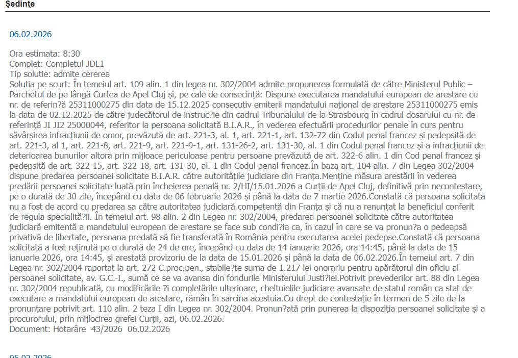 T&acirc;nărul care și-a ucis și incendiat mama, capturat &icirc;n Cluj-Napoca, va fi extrădat &icirc;n Franța. Decizia instanței