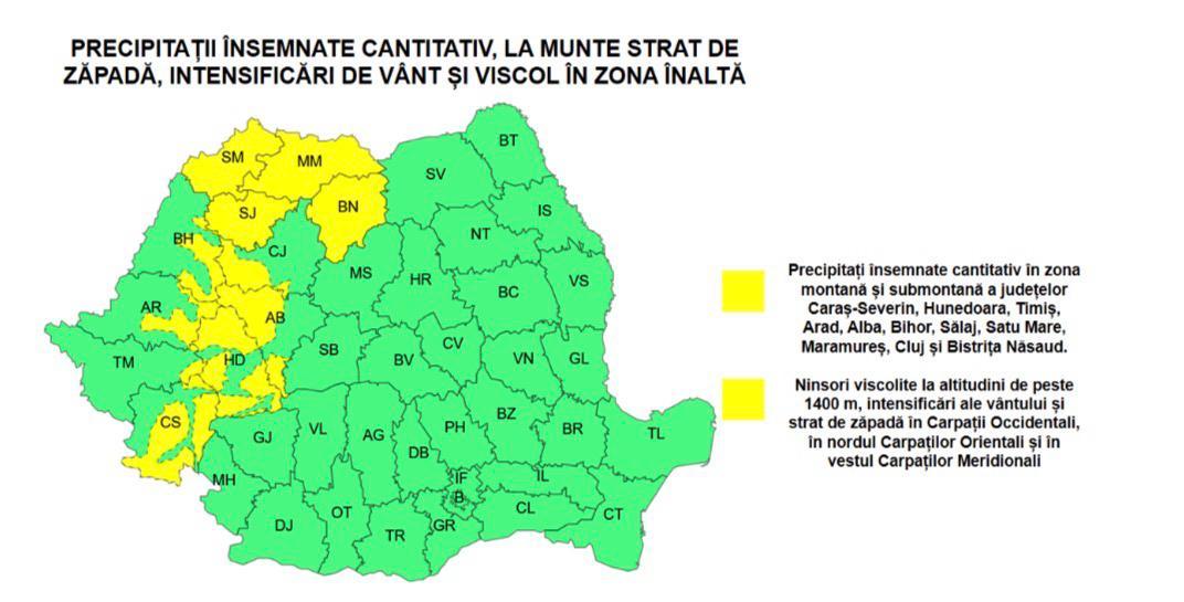 Ninsorile revin &icirc;n Cluj: cod galben de viscol și v&acirc;nt puternic. P&acirc;nă c&acirc;nd e valabilă avertizarea