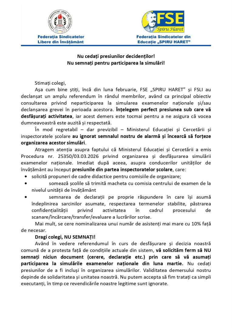 "Nu cedați presiunilor!" - Sindicatele din Educație le cer profesorilor să nu semneze pentru participarea la simulările pentru Evaluarea Naț