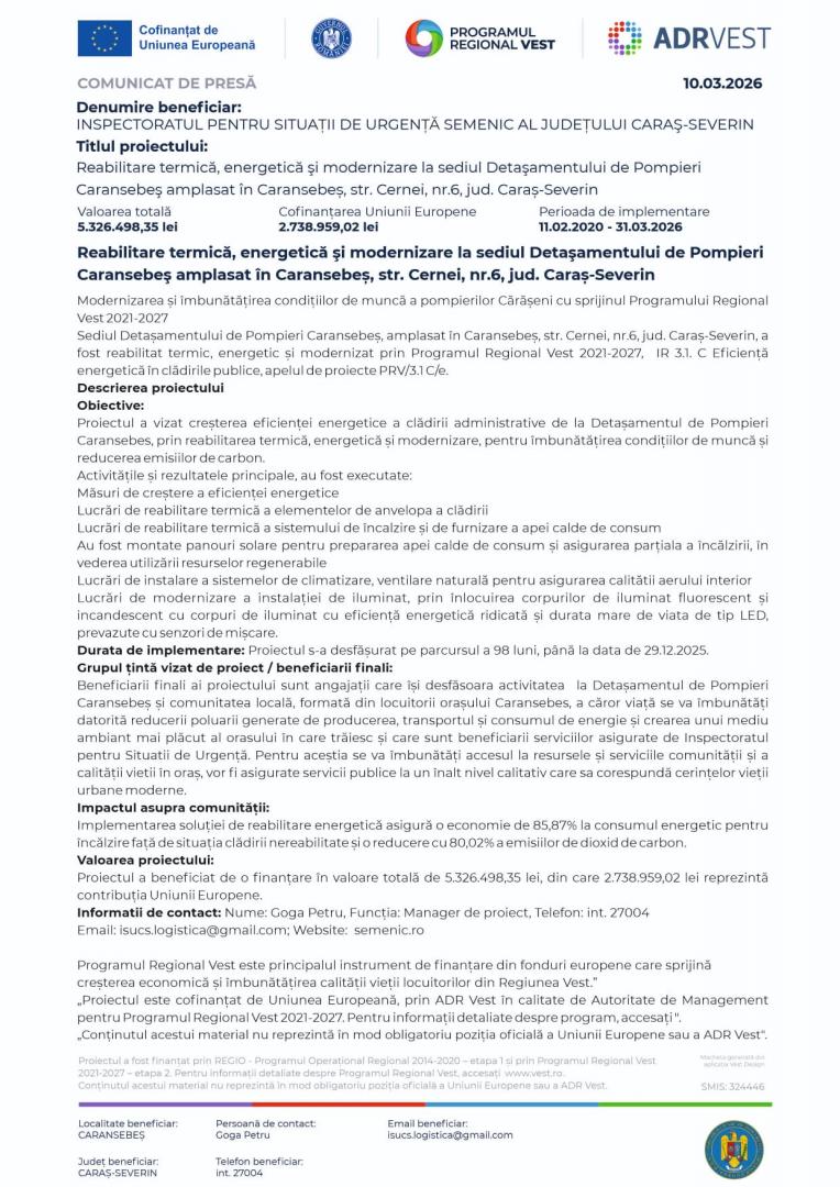 Comunicat de presă -  Reabilitare termică, energetică și modernizare la sediul Detașamentului de Pompieri Caransebeș, str. Cernei, nr.6, jud. Caraș-Se