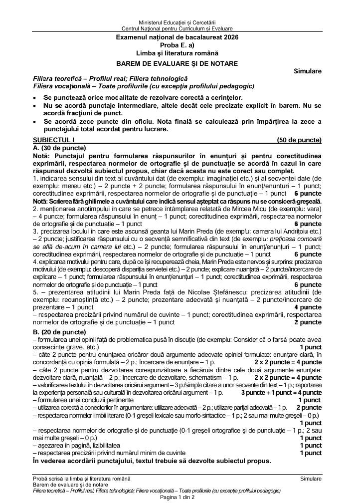 Simulare BAC 2026. S-a publicat BAREMUL de corectare la limba rom&acirc;nă. Vezi cum se punctează lucrările, &icirc;n funcție de profil