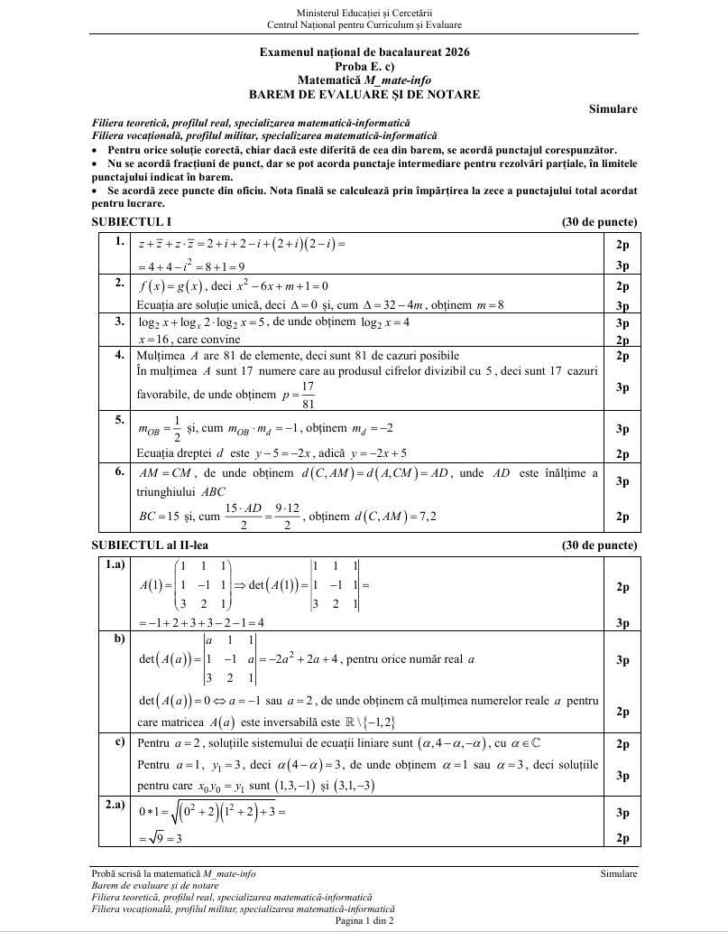 Simulare BAC 2026. Ce subiecte au primit elevii la Matematică/ Au fost publicate baremele de corectare
