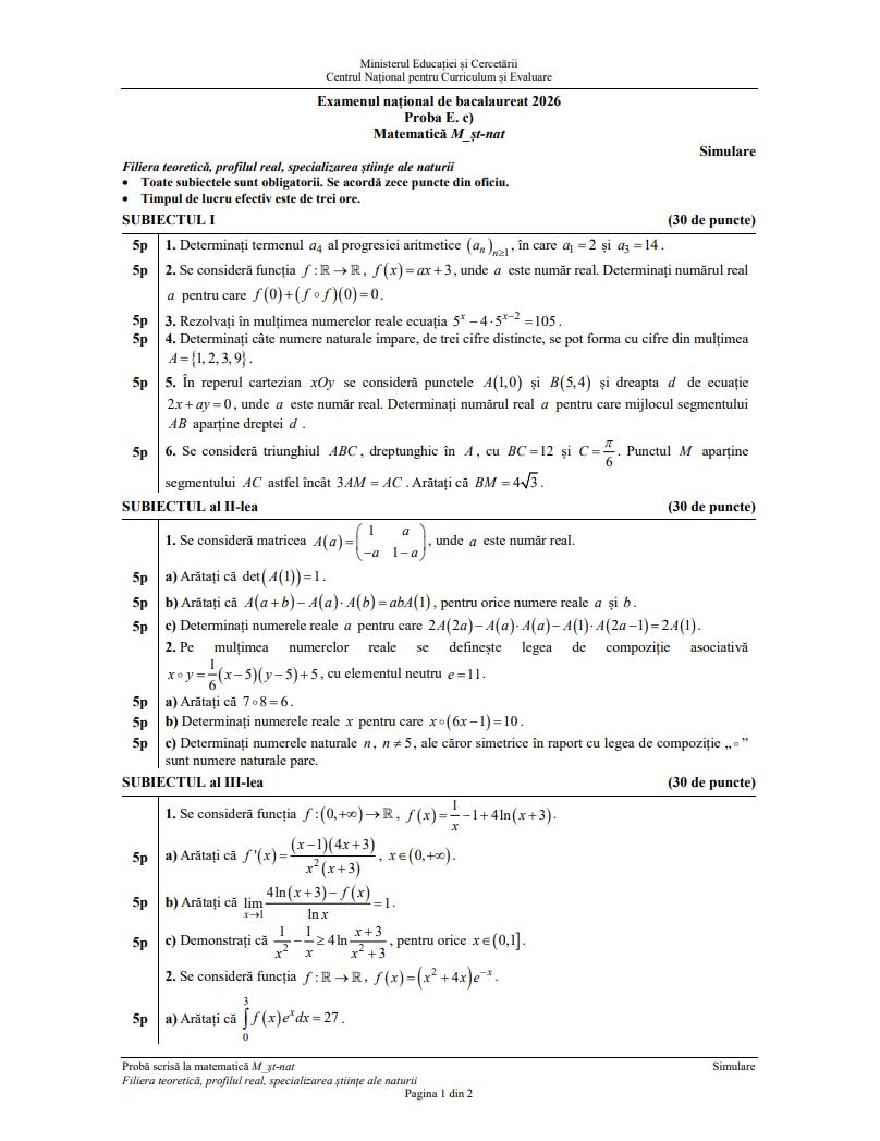 Simulare BAC 2026. Ce subiecte au primit elevii la Matematică/ Au fost publicate baremele de corectare