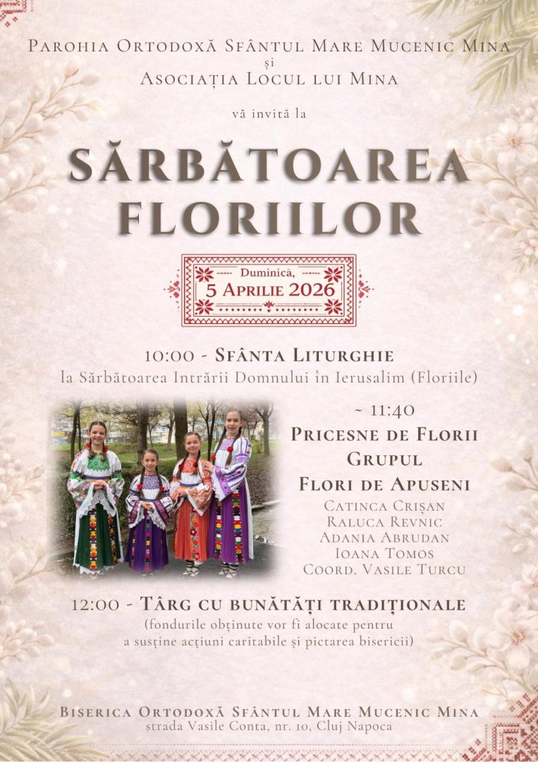 Floriile aduc tradiția și bucuria la Cluj: Liturghie, pricesne și t&acirc;rg caritabil la Biserica "Sf&acirc;ntul Mina"