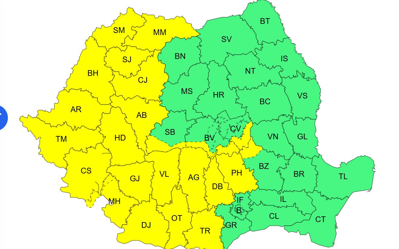 Atenționare meteo &icirc;n Cluj. Cod galben de averse, descărcări electrice și v&acirc;nt puternic