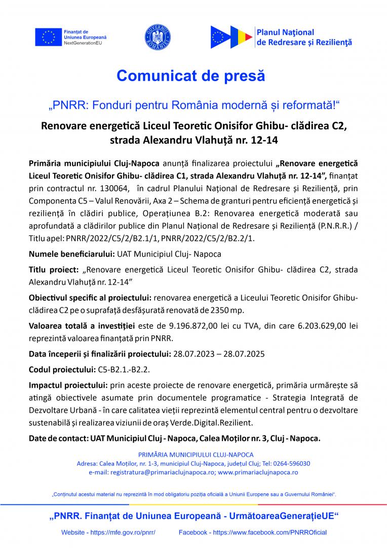 Comunicat de presă: Primăria municipiului Cluj-Napoca anunță finalizarea proiectului &bdquo;Renovare energe că Liceul Teoretic Onisifor Ghibu - clădirea C2,