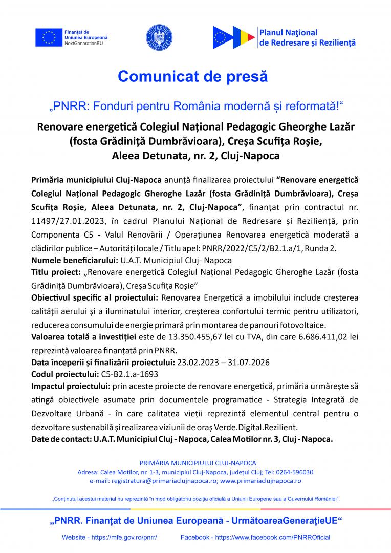 Comunicat de presă: Primăria Cluj-Napoca anunță finalizarea proiectului &bdquo;Renovare energetică Colegiul Național Pedagogic Gheorghe Lazăr (fosta Grădini