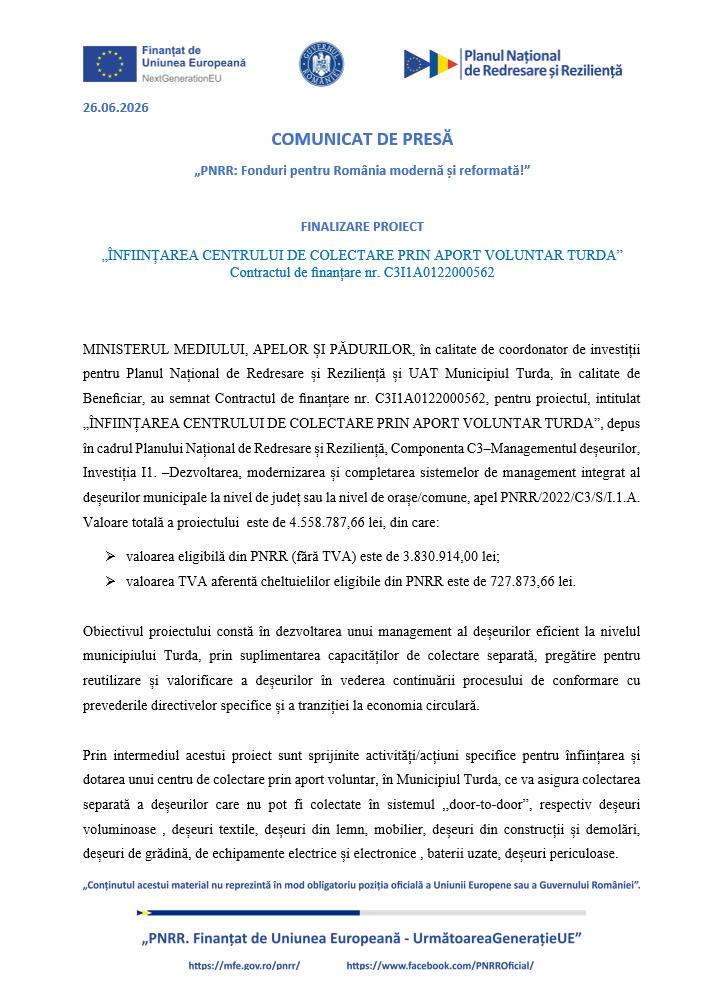 Comunicat de presă: Finalizare proiect &bdquo;&Icirc;NFIINȚAREA CENTRULUI DE COLECTARE PRIN APORT VOLUNTAR TURDA&rdquo;