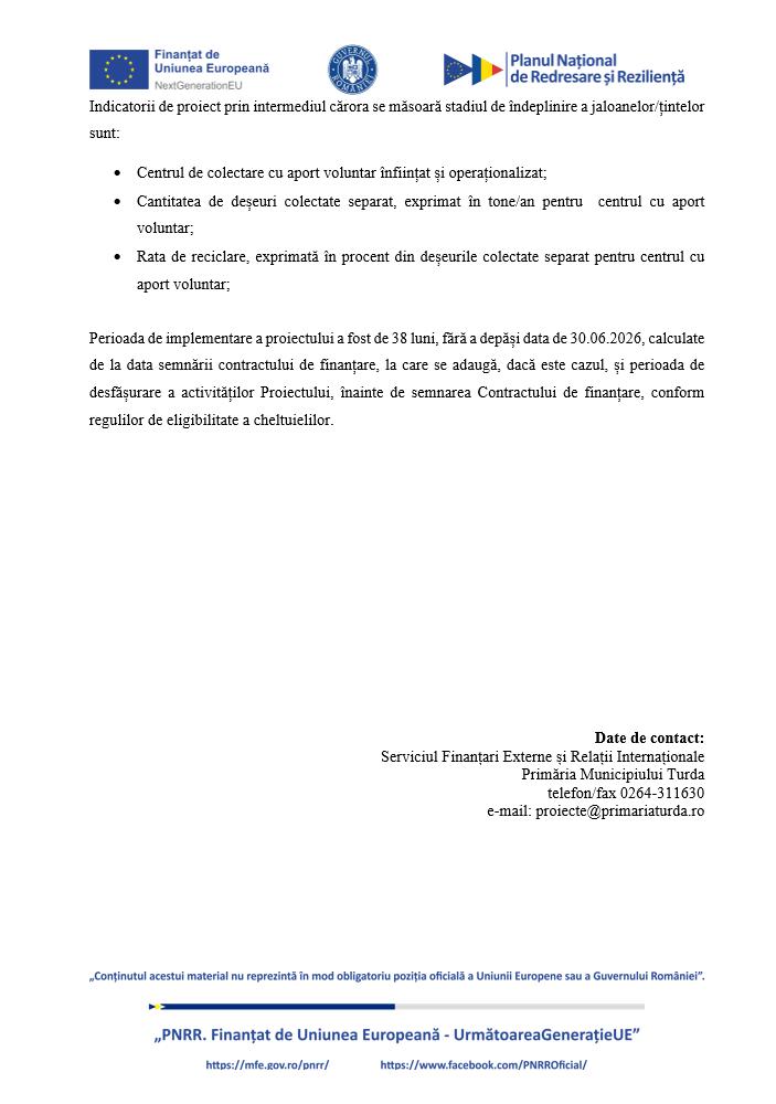 Comunicat de presă: Finalizare proiect &bdquo;&Icirc;NFIINȚAREA CENTRULUI DE COLECTARE PRIN APORT VOLUNTAR TURDA&rdquo;