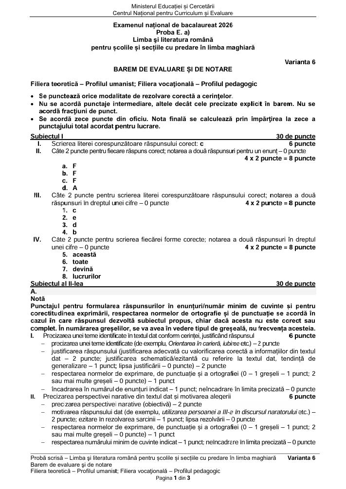 BAC 2026. S-a publicat BAREMUL de corectare la limba rom&acirc;nă. Vezi cum se punctează lucrările &icirc;n funcție de profil