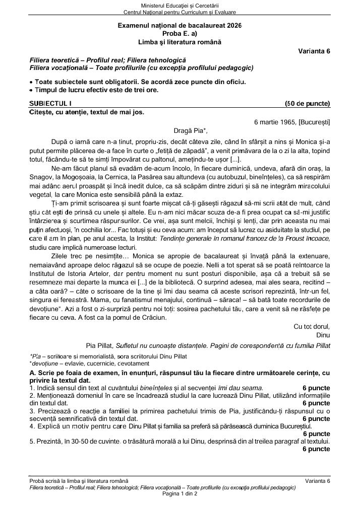BAC 2026. Ce SUBIECTE au primit elevii la Limba și literatura rom&acirc;nă