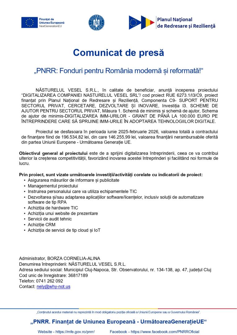 Comunicat de presă &bdquo;PNRR: Fonduri pentru Rom&acirc;nia modernă și reformată!&ldquo;