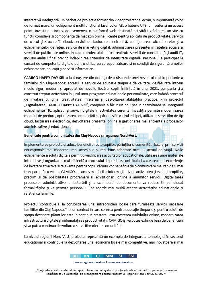 Comunicat de presă privind finalizarea proiectului  &bdquo;Digitalizarea CAMIGO HAPPY DAY SRL&rdquo; &ndash; cod SMIS 334626