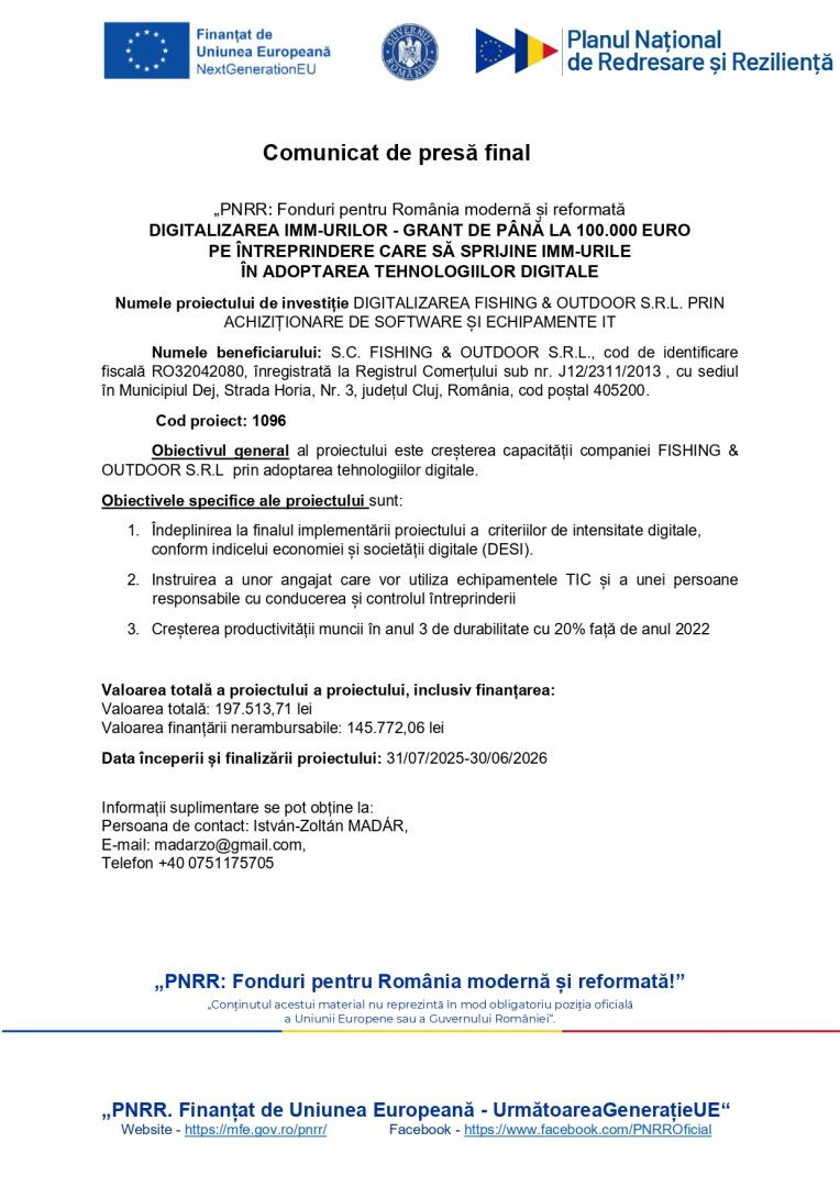 Comunicat de presă final: &bdquo;PNRR: Fonduri pentru Rom&acirc;nia modernă și reformată - DIGITALIZAREA IMM-URILOR