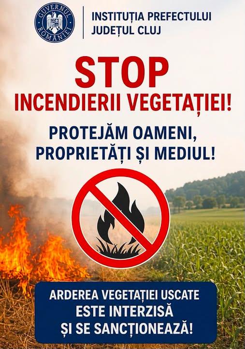 Canicula aduce risc extrem de incendii &icirc;n Cluj. Autoritățile avertizează: nu dați foc vegetației uscate/ Ce amenzi riscă cei care incendiază miriștile