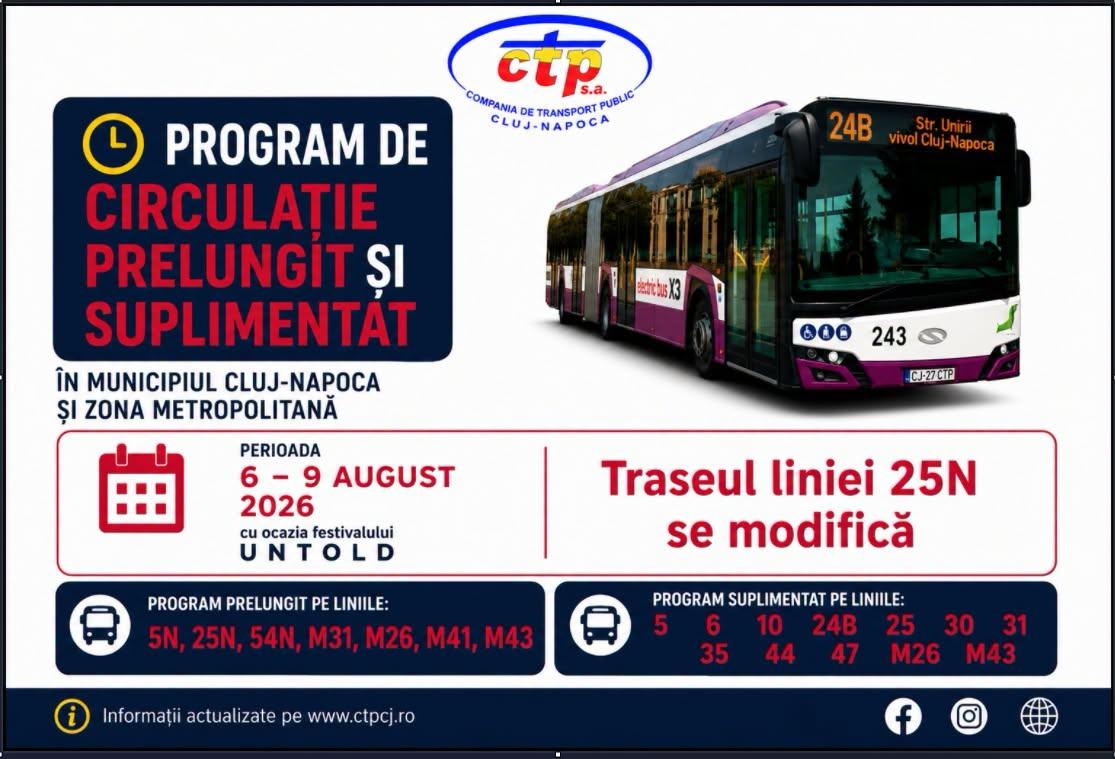 CTP Cluj-Napoca prelungește programul transportului public pe timpul nopții și suplimentează capacitatea de transport pe durata Festivalului UNTOLD 20