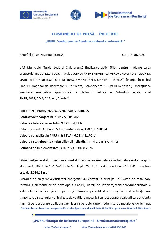 Comunicat de presă: Finalizare proiect &bdquo;RENOVAREA ENERGETICĂ APROFUNDATĂ A SĂLILOR DE SPORT ALE UNOR INSTITUȚII DE &Icirc;NVĂȚĂM&Acirc;NT DIN MUNICIPIUL TURDA&rdquo;