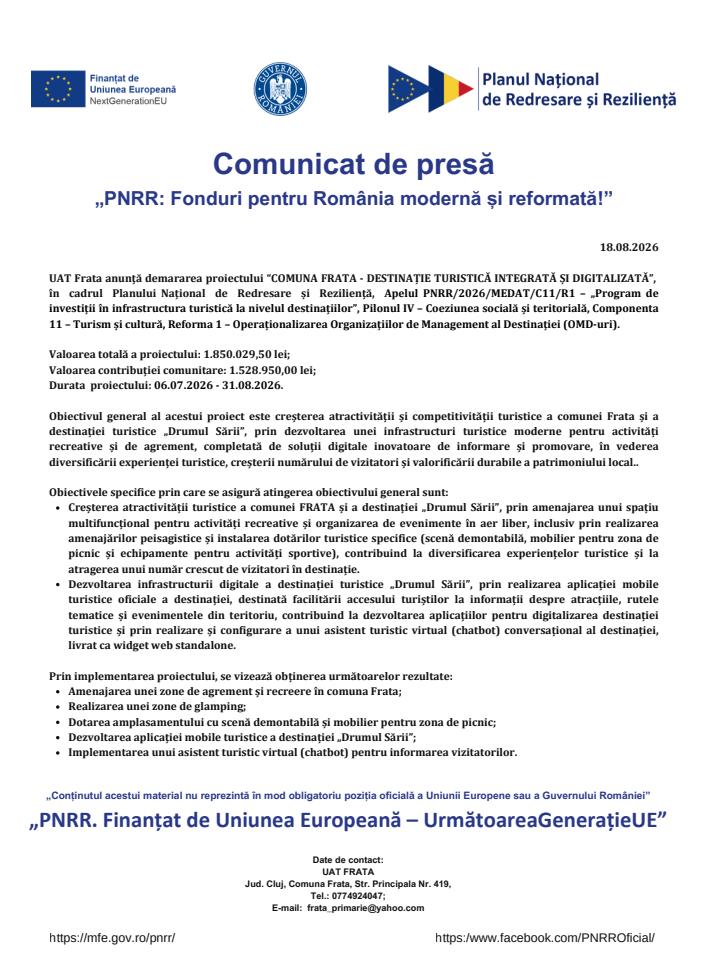 Comunicat de presă privind demararea proiectului &ldquo;COMUNA FRATA - DESTINAȚIE TURISTICĂ INTEGRATĂ ȘI DIGITALIZATĂ&rdquo;