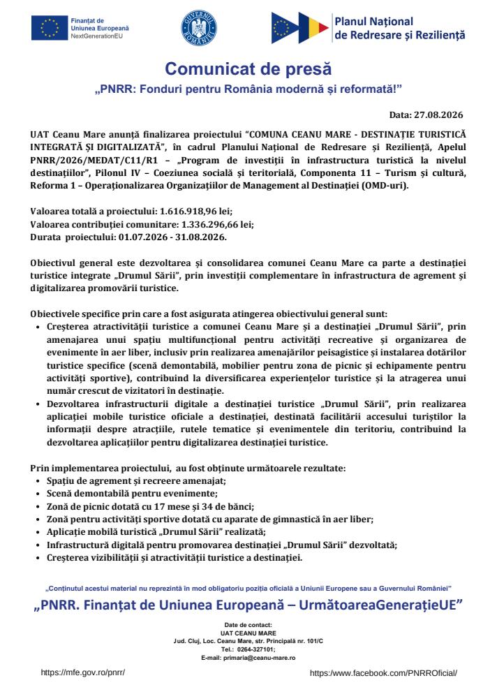 Comunicat de presă privind finalizarea proiectului &ldquo;COMUNA CEANU MARE - DESTINAȚIE TURISTICĂ INTEGRATĂ ȘI DIGITALIZATĂ&rdquo;