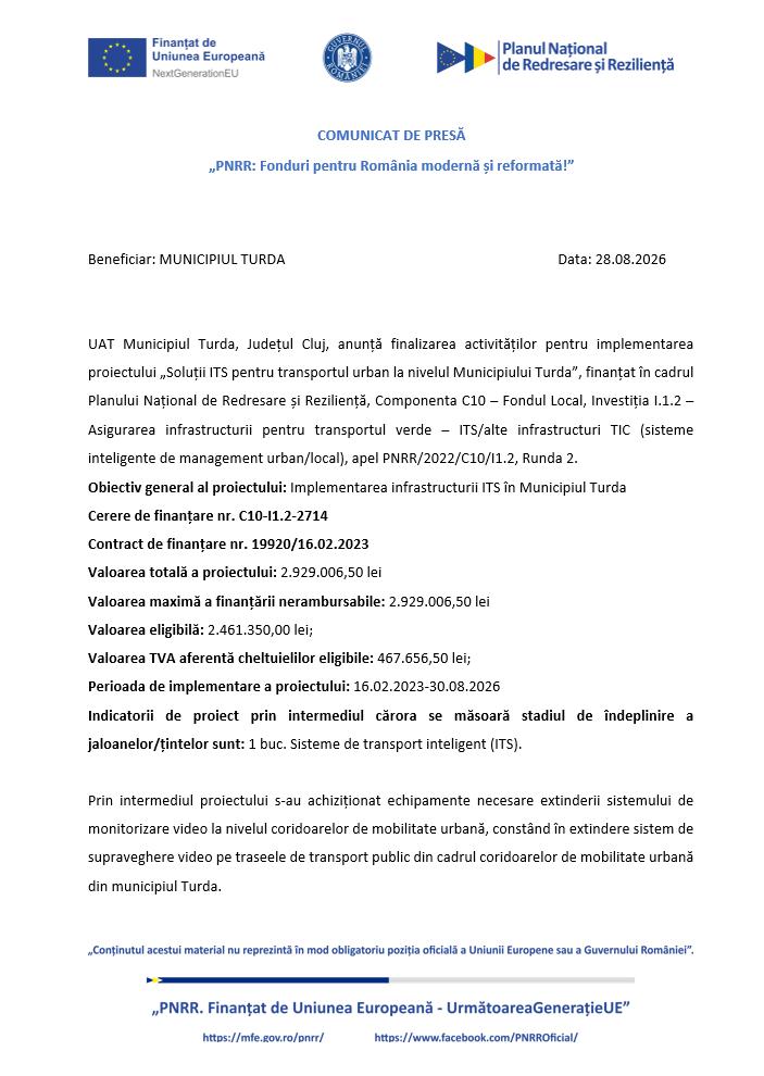 Comunicat de presă: Finalizare activități implementare proiect &bdquo;Soluții ITS pentru transportul urban la nivelul Municipiului Turda&rdquo;