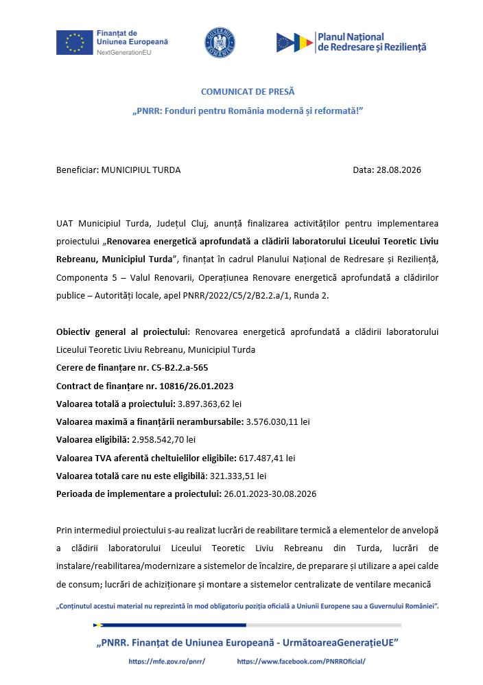 Comunicat de presă: Finalizare activități implementare proiect &bdquo;Renovarea energetică aprofundată a clădirii laboratorului Liceului Teoretic Liviu Rebr