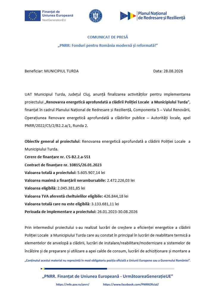 Comunicat de presă: Finalizare activități implementare proiect &bdquo;Renovarea energetică aprofundată a clădirii Poliției Locale  a Municipiului Turda&rdquo;