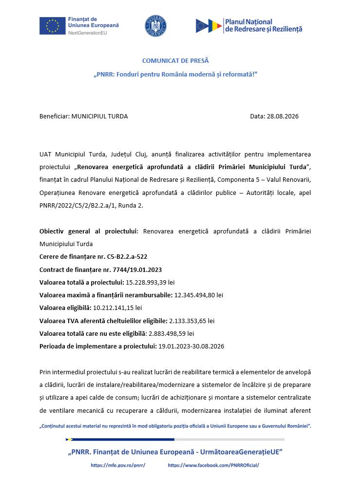 Comunicat de presă: Finalizare activități implementare proiect &bdquo;Renovarea energetică aprofundată a clădirii Primăriei Municipiului Turda&rdquo;
