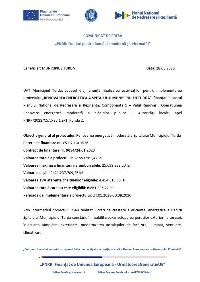 Comunicat de presă: Finalizare activități implementare proiect &bdquo;RENOVAREA ENERGETICĂ A SPITALULUI MUNICIPIULUI TURDA&rdquo;