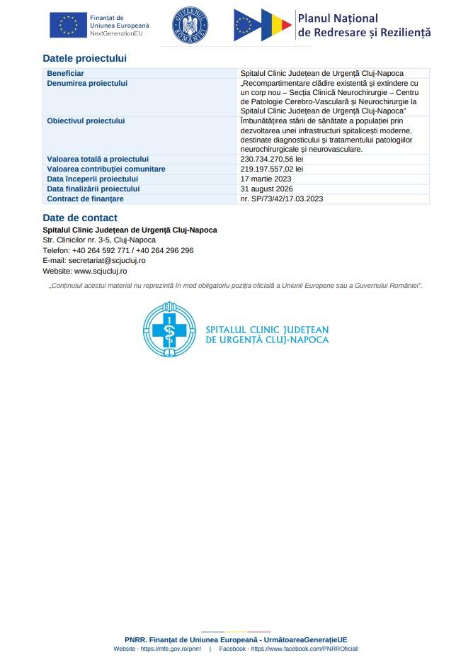 Comunicat de presă: Finalizarea proiectului &bdquo;Recompartimentare clădire existentă și extindere cu un corp nou &ndash; Secția Clinică Neurochirurgie &ndash; Centru 