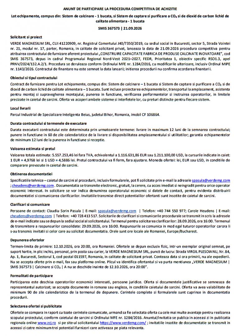 Anunț: VERDE MAGNESIUM SRL lansează procedura competitivă pentru atribuirea contractului de furnizare aferent proiectului &bdquo;CONSTRUIRE CAPACITATE FABRI