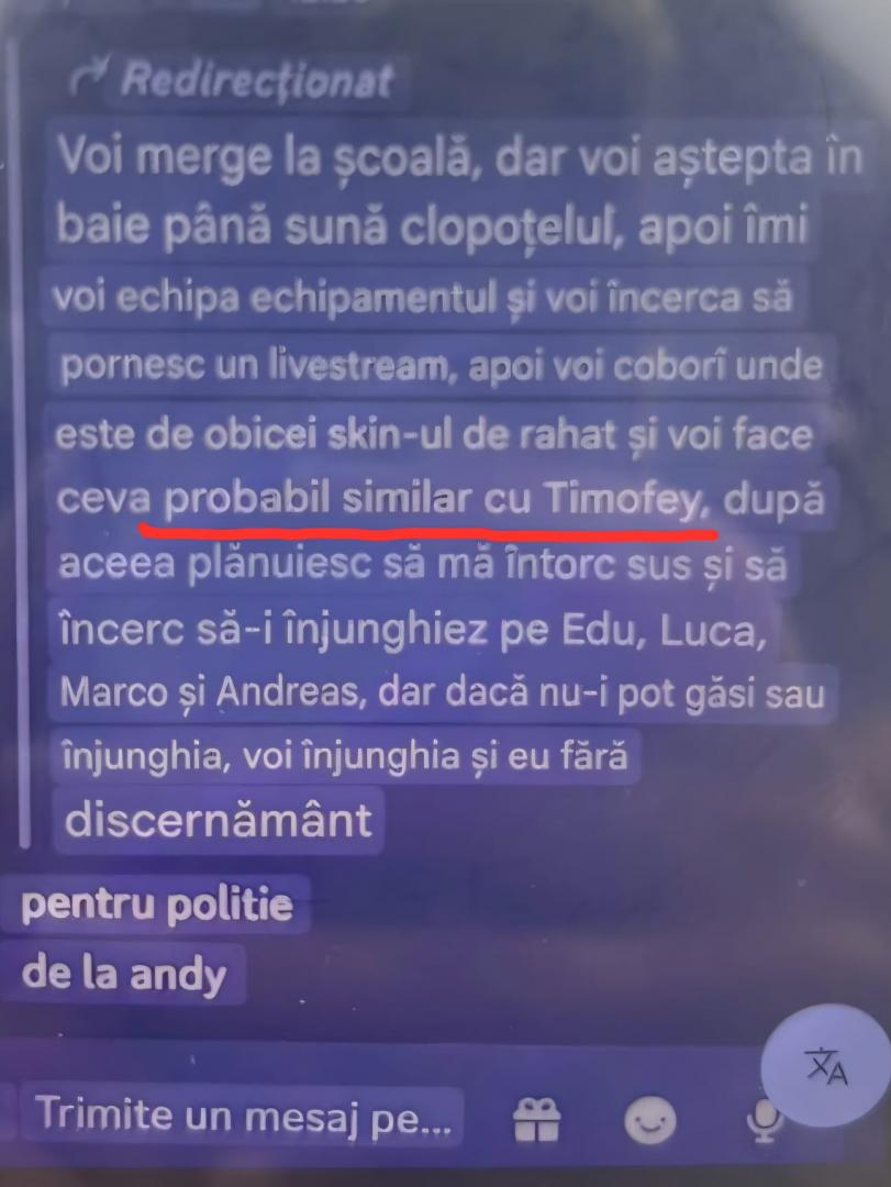 Mesaj terifiant al atacatorului de 13 ani de la școala din Bistrița, care se radicalizase de c&acirc;teva luni: Numele celui care l-a inspirat și numele vic