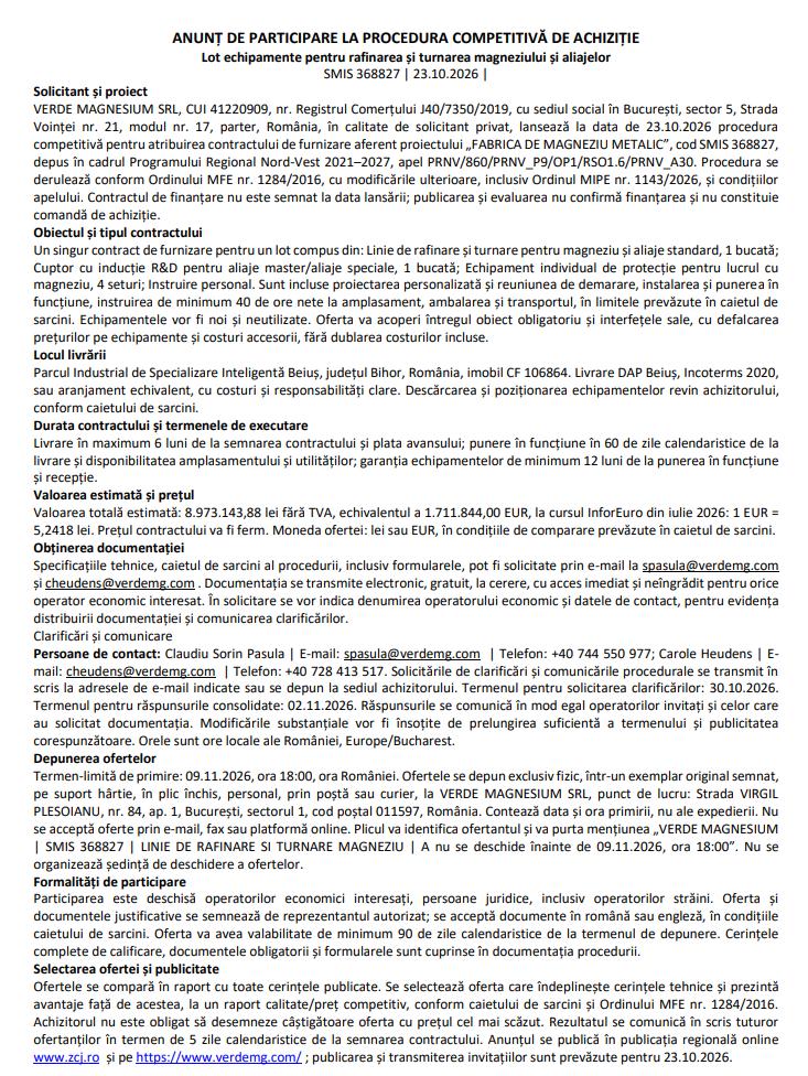 ANUNȚ DE PARTICIPARE LA PROCEDURA COMPETITIVĂ DE ACHIZIȚIE Lot echipamente pentru rafinarea și turnarea magneziului și aliajelor