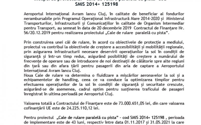COMUNICAT DE PRESĂ - Începerea proiectului “Cale de Rulare paralelă cu pista” Cod SMIS 2014+ 125198